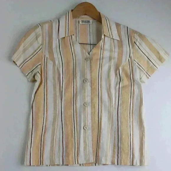 Vintage Selene Sport Linen Blend Neutral Striped Short Sleeve Button Up Shirt - Picture 1 of 8